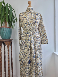 Pure Cotton Mid-Length Ikat Blue Floral <b>Dress</b> Halter Breathable Indian Block Print Elegant Comfy Casual Daywear <b>for</b> Summer - Product Image 2