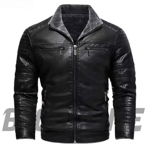 Chaqueta de Motociclista de Cuero PU Negra para Hombre, Cierre de Cremallera, Cuello Alto, Forro de Piel Sintética, Ropa Casual de Invierno - Product Image 4