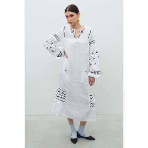 Vestido largo de lino blanco bordado para mujer, ecológico, con cintura natural, estilo étnico minimalista, maxi Kurti de manga larga, al por mayor - Product Image 1