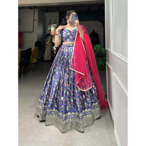 Chinon Impresión digital Bordado Lentejuelas Trabajo Mujer Lehenga Choli Set - Product Image 3