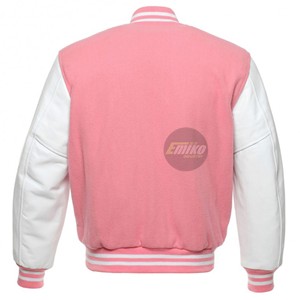Chaqueta Varsity para Hombre de Emiko Industry, Color Rosa y Blanco, Cuerpo de Lana, Mangas de Cuero, Cierre de Botones, Estilo Letterman, Precio al por Mayor - Product Image 6
