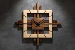 Handmade Artisan Crafted Solid Wood Wall <b>Clock</b> | Two-Tone Layered Walnut Timepiece | Wooden Sculpture | Square Sunburst Design - Product Image 1