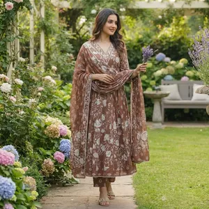 Conjunto de Kurta Anarkali con Estampado Floral Marrón para Mujer, Vestido con Cuello en V y Falda Acampanada con Dupatta, Ropa Tradicional Étnica para Fiestas - Product Image 1