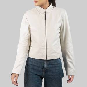 Julia Womens <b>White</b> Breathable Genuine Leather <b>Jacket</b> Stand Collar Zipper Closure - Leather <b>Jacket</b> <b>White</b> - Product Image 3