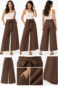 Pantalones Anchos de Lino y Algodón Marrón para Mujer, Corte Holgado, Cintura Alta, Bolsillos Delanteros con Cordón, Ecológicos, Casuales, para Vacaciones de Verano - Product Image 3