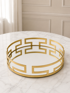 Round Gold Geometric Mirror <b>Tray</b> Brass Decorative Tabletop Home Decor Contemporary Living Room Interior Accent - Product Image 4