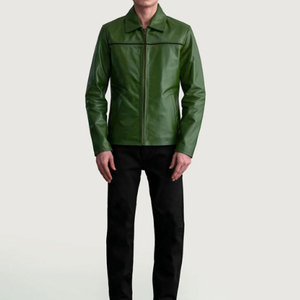 Blouson aviateur en cuir véritable vert, manches longues, col rabattu, fermeture éclair, veste d'automne pour homme - Product Image 1