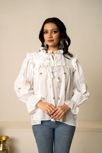 Sukoon <b>White</b> <b>Tie</b>-Front Embroidered Cotton <b>Top</b> for Women with Ruffle Neck | Long Sleeve Casual Summer Wear Wholesale Exporters - Product Image 2