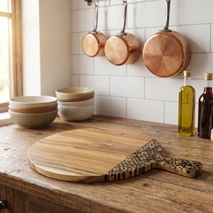 Planche à découper en bois de Suar de qualité alimentaire avec élégante incrustation en bambou noir, grande, ronde, brun clair, pour la cuisine et l'usage domestique quotidien - Product Image 2
