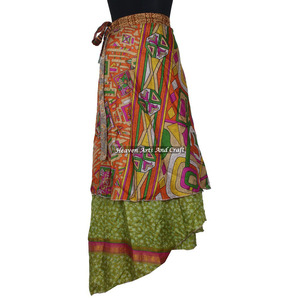 Wholesale Saree Wrap <b>Skirts</b> Indian Wrap <b>Skirts</b> Wholesale Women Wear Vintage Silk Sari <b>Long</b> Length Wrap Around <b>Skirt</b> 2 Layer - Product Image 2