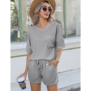 Women Lightweight Waffle Knit Lounge Set Oversized Top and Shorts <b>Matching</b> Outfit Wholesale - Product Image 2