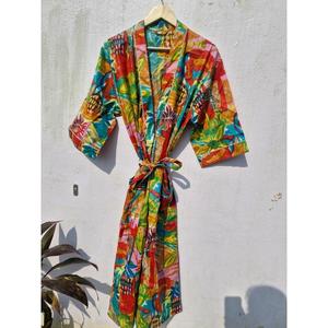 Handprinted Cotton Kimono <b>Robe</b> | Floral Print, Boho <b>Beach</b> Coverup - Product Image 1