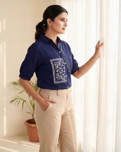 Women's Navy Blue Poplin <b>Shirt</b> With Hand Embroidery Plant Pattern Three Quarter Sleeve <b>Button</b> Down Collar Regular Fit Summer - Product Image 1