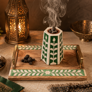 Contemporary Bone Inlay <b>Bakhoor</b> Burner Set with Wooden Tray Geometric Resin Arabic Incense Burner <b>Oud</b> Burner Home Decor Eid Gift - Product Image 1