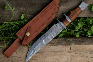 Couteau d'extérieur, lame en acier Damas, manche en bois, avec étui en cuir, couteau personnalisé - Product Image 5