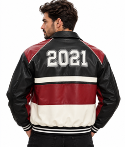Blouson universitaire personnalisé pour homme en similicuir, style color block, avec logo brodé et boutons-pression, style streetwear, vestes universitaires - Product Image 2
