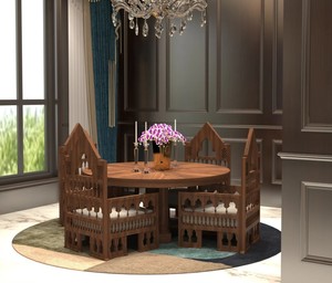 Ensemble de salle à manger traditionnel en bois, table ronde 5 pièces, chaises à dossier plein, style antique, meubles de maison - Product Image 1