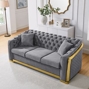Divano Chesterfield di Lusso in Velluto a 3 Posti, 84 Pollici, Set Divano Trapuntato con Finiture in Acciaio Dorato per Soggiorno, Tessuto Grigio - Product Image 3
