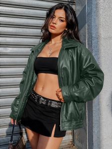 Green Leather Bomber <b>Jacket</b> <b>with</b> <b>Zipper</b> Closure Turn-down Collar Regular Sleeve Men's Eco-Friendly Front <b>Pocket</b> Winter Wear - Product Image 3
