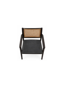 Fauteuil moderne en bois massif avec assise rembourrée en tissu capitonné et dossier en rotin, écologique, pour salles à manger, cafés et restaurants - Product Image 2