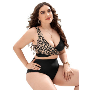 Women's Plus Size Bikini Set <b>Crossed</b> Halter <b>Top</b> Leopard Print High Waist Bottom Contrast Binding Spandex Polyester Stretch - Product Image 6