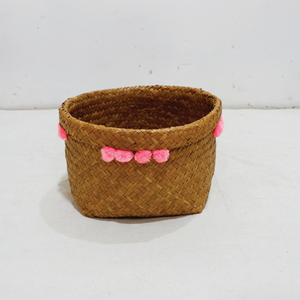 Paniers de rangement en feuilles de palmier naturelles, forme rectangulaire avec pompons roses, écologiques, rustiques, multi-usages, ensemble de bacs de rangement - Product Image 6