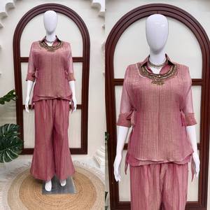 Nouvel ensemble haut et pantalon Plazzo pour femme, de créateur, pour soirée, avec travail artisanal, extensible, réversible, séchage rapide, infroissable, effet froissé Salsa - Product Image 3