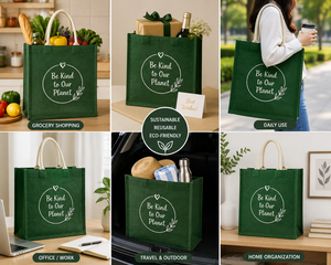 Bolsa de compras de yute Be Kind To Our Planet, 16x14x5 pulgadas, verde, reutilizable, con costuras resistentes y fuelle ancho - Product Image 5