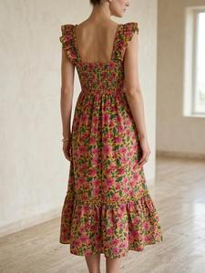 เดรสยาวผ้าฝ้ายพิมพ์ลายดอกไม้สไตล์วินเทจสำหรับฤดูร้อน ทรงหลวม ชายกระโปรงพลิ้ว แต่งระบายช่วงเอวแบบโบฮีเมียน สายเดี่ยว ไม่มีสายรัดไหล่ - Product Image 2