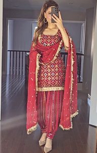 ATTRACTIVE CHINON SILK EMBROIDERY SEQUENCE WORK TOP PATIYALA WITH DUPATTA <b>RED</b> 72548 - Product Image 1