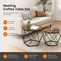 Ensemble de tables basses gigognes rondes pour salon, avec plateaux amovibles à deux niveaux et paniers de rangement en fil métallique géométrique, OEM ODM