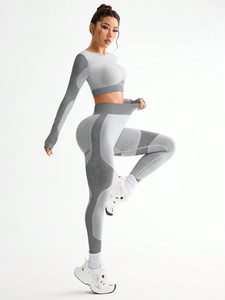 Women 2 Piece Yoga Set White Solid Scoop Neck <b>Crop</b> <b>Top</b> High Waist Full Length Leggings Breathable Spandex Polyester Seamless - Product Image 5
