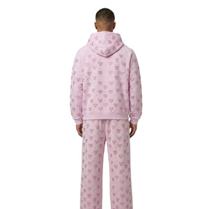 <b>Pink</b> Heart Print <b>Tracksuit</b> Set Full Length Zipper Hooded Casual Regular Fit Unisex Adults Spring Wear 100% Cotton Breathable - Product Image 2