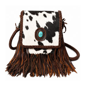 Sac bandoulière artisanal en cuir de vachette à poils, avec franges et garniture tressée, orné de concho turquoise, style western bohème pour femme - Product Image 1