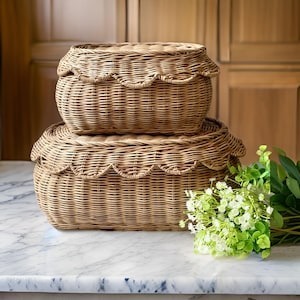 Natural Rattan Storage <b>Baskets</b> Oval Scallop Design <b>Stackable</b> Eco-Friendly Nordic Style For Nursery Kids Room Home Organization - Product Image 4