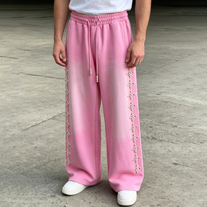 <b>Pink</b> <b>Men's</b> Sweatpants With Pearl Beaded Side Trim Elastic Waist Drawstring Casual Loose Fit Breathable Cotton Pants Spring Style - Product Image 1