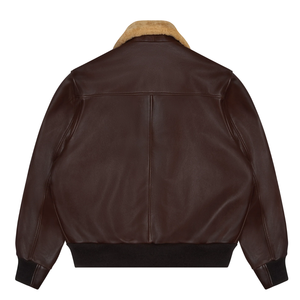 <b>Men</b>’s Dark Brown Genuine Leather Bomber <b>Jacket</b> Tan <b>Shearling</b> Collar Flap Pockets Premium Casual Winter Outerwear - Product Image 2