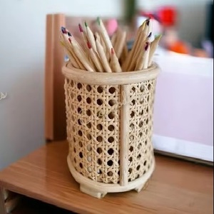 Creative Modern Round Standing Rattan Pen Holder & Pencil Organizer Multifunction <b>Desk</b> Office School Study Room - Product Image 1