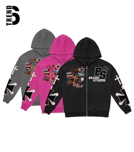 Sweat-shirts à capuche zippés surdimensionnés pour hommes, personnalisés, unis, effet vieilli, délavé, vintage, avec strass, hiver, 100% coton molletonné - Product Image 1
