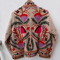 Veste d'hiver en coton tricoté matelassé Suzani réversible faite à la main, broderie florale bohème Crewel, respirante pour femme