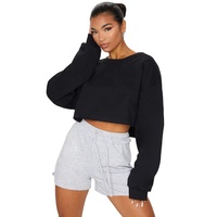 Hoodie & Sweatshirt Wanita Model Baru French Terry, Kerah Bulat, Potongan Crop, Ujung Raw Hem, Bahu Jatuh