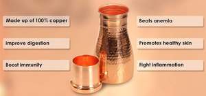 Bold Blossom 100% <b>Copper</b> Hammered Water Bottle Carafe with <b>Cup</b> 1000ml Eco-Friendly Screw-On Lid Gift Box for Home Office Travel - Product Image 3