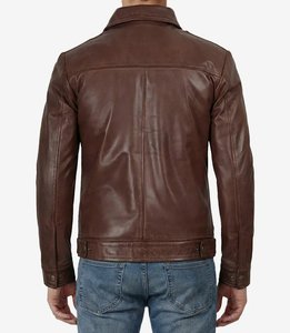 Moter <b>Bike</b> Bomber Jacket Men's Brown Leather Stand Collar Zipper Closure Front Logo Casual Winter Wear 300g Spandex Lining - Product Image 2
