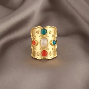 Anillo de Piedras Preciosas con Baño de Oro de 18K, Colorido y Brillante, Joyería de Moda Auténtica, Anillos Ajustables con Geometría Rectangular Minimalista - Product Image 3