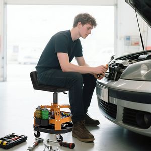 Tabouret roulant jaune pour garage, capacité 300 LBS, avec roues à 360 degrés et plateau à outils, hauteur réglable, support pour mécanicien - Product Image 2