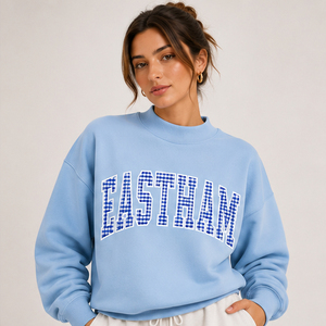 Sweat-shirt oversize crème à col rond avec appliqué gingham SLC et motif lettres sur le devant, manches classiques, pull unisexe, style automne - Product Image 5