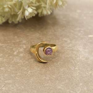 Celestial Amethyst Crescent Moon <b>Ring</b> 14K Gold Plated Brass <b>Adjustable</b> Boho & Hippie Unisex Daily Wear Jewelry - Product Image 1