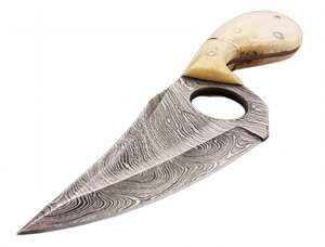 Handcrafted Damascus Steel Compact Utility <b>Knife</b> Natural Bone Handle Finger Hole <b>Craft</b> Tool - Product Image 5