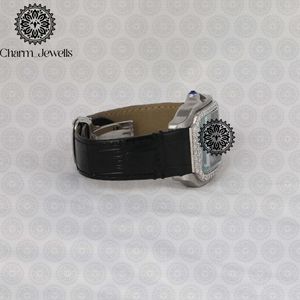 Montre carrée de luxe pour femme Charm_Jewells en acier inoxydable, mouvement à quartz analogique, verre saphir, lunette sertie de diamants, bracelet en cuir - Product Image 5