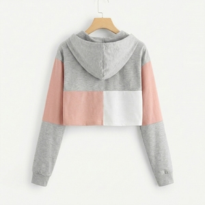 Sudadera Corta con Capucha para Mujer, Diseño Color Block, Manga Larga, Gris, Rosa, Blanco, Tejida, Informal, para Otoño - Product Image 2